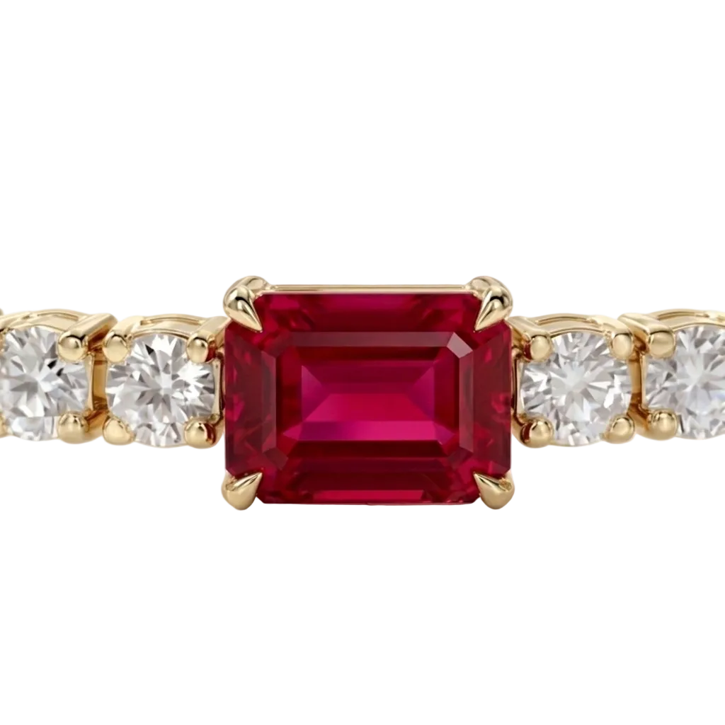 alt="close up view of lab grown emerald cut ruby and round diamond east-west tennis bracelet in 14k yellow gold"