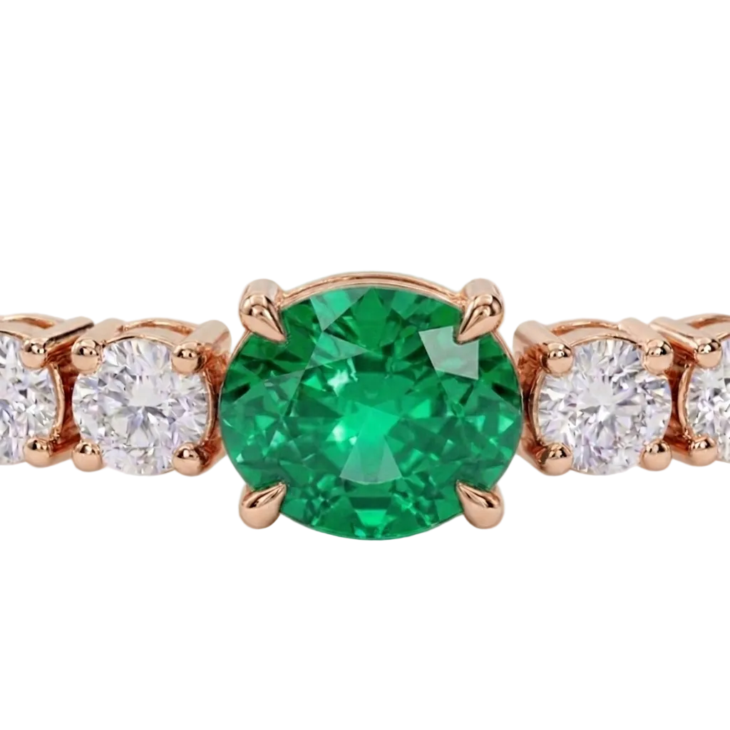 alt="close up view of lab grown oval columbian green emerald and round diamond east-west tennis bracelet in 14k rose gold"