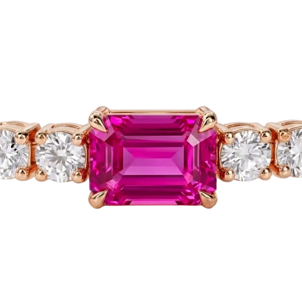 alt="close up view of lab grown emerald cut pink sapphire and round diamond east-west tennis bracelet in 14k rose gold"