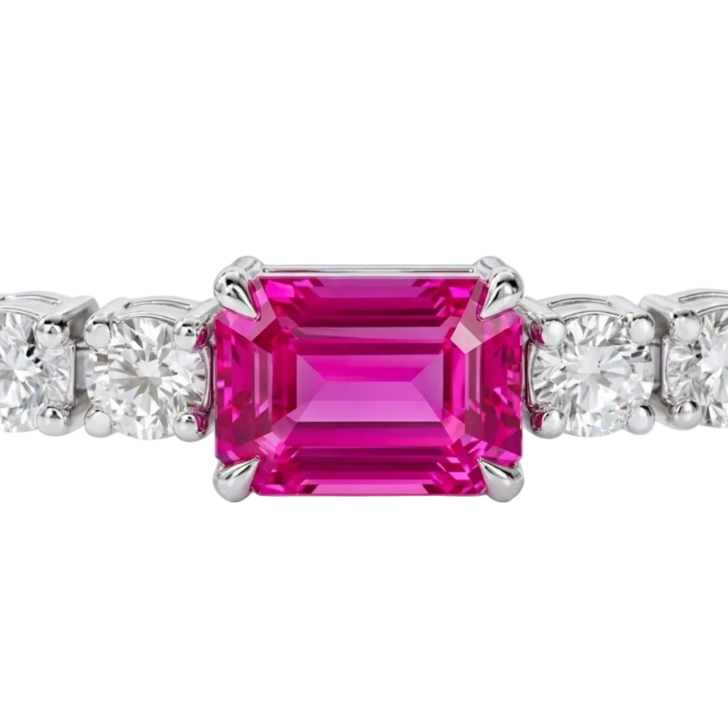 alt="close up view of lab grown emerald cut pink sapphire and round diamond east-west tennis bracelet in 14k white gold"