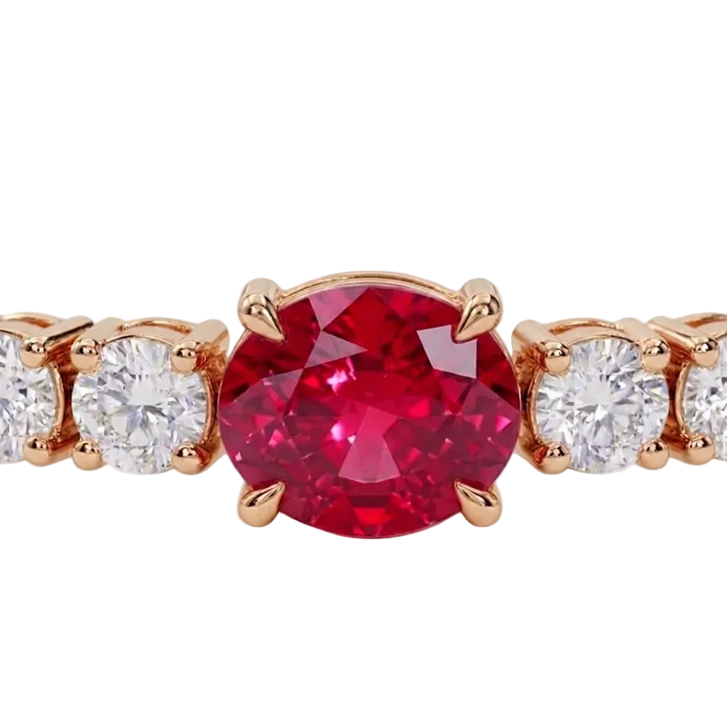 alt="close up view of lab grown oval ruby and round diamond east-west tennis bracelet in 14k rose gold"