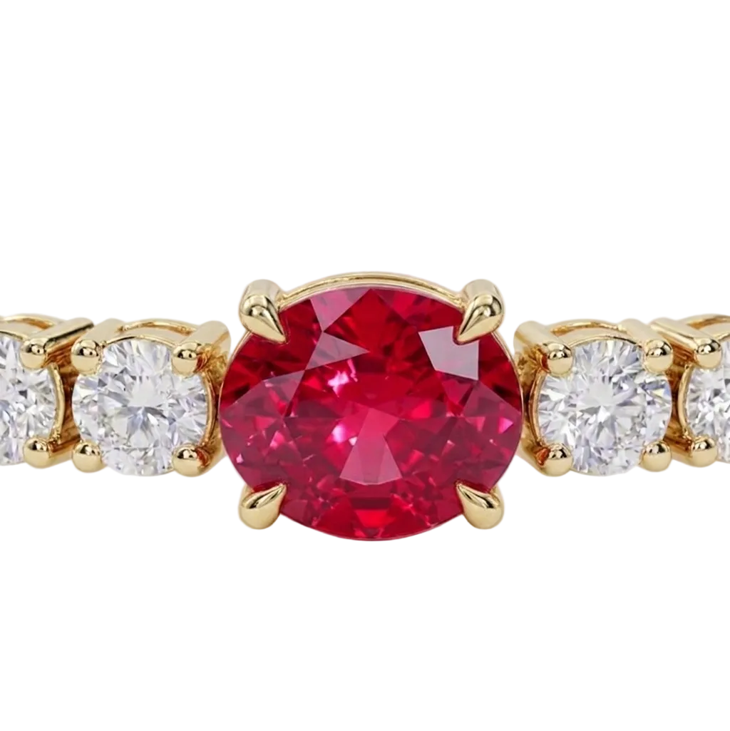 alt="close up view of lab grown oval ruby and round diamond east-west tennis bracelet in 14k yellow gold"