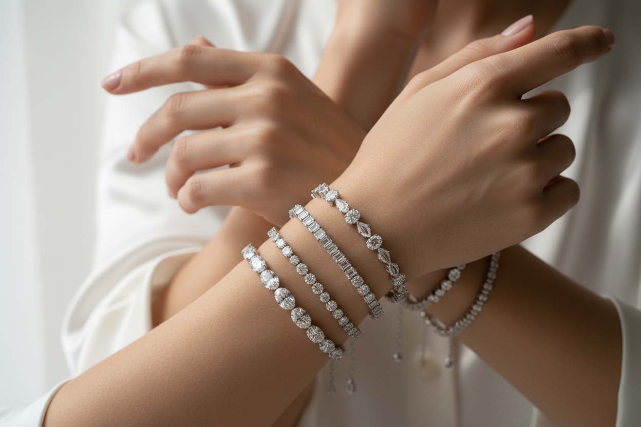 diamond tennis bracelets on beautiful girl hands