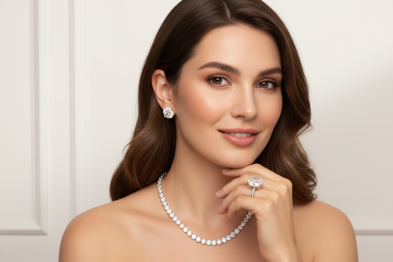 diamond tennis necklace and studs earrings and solitaire ring big on a pretty woman