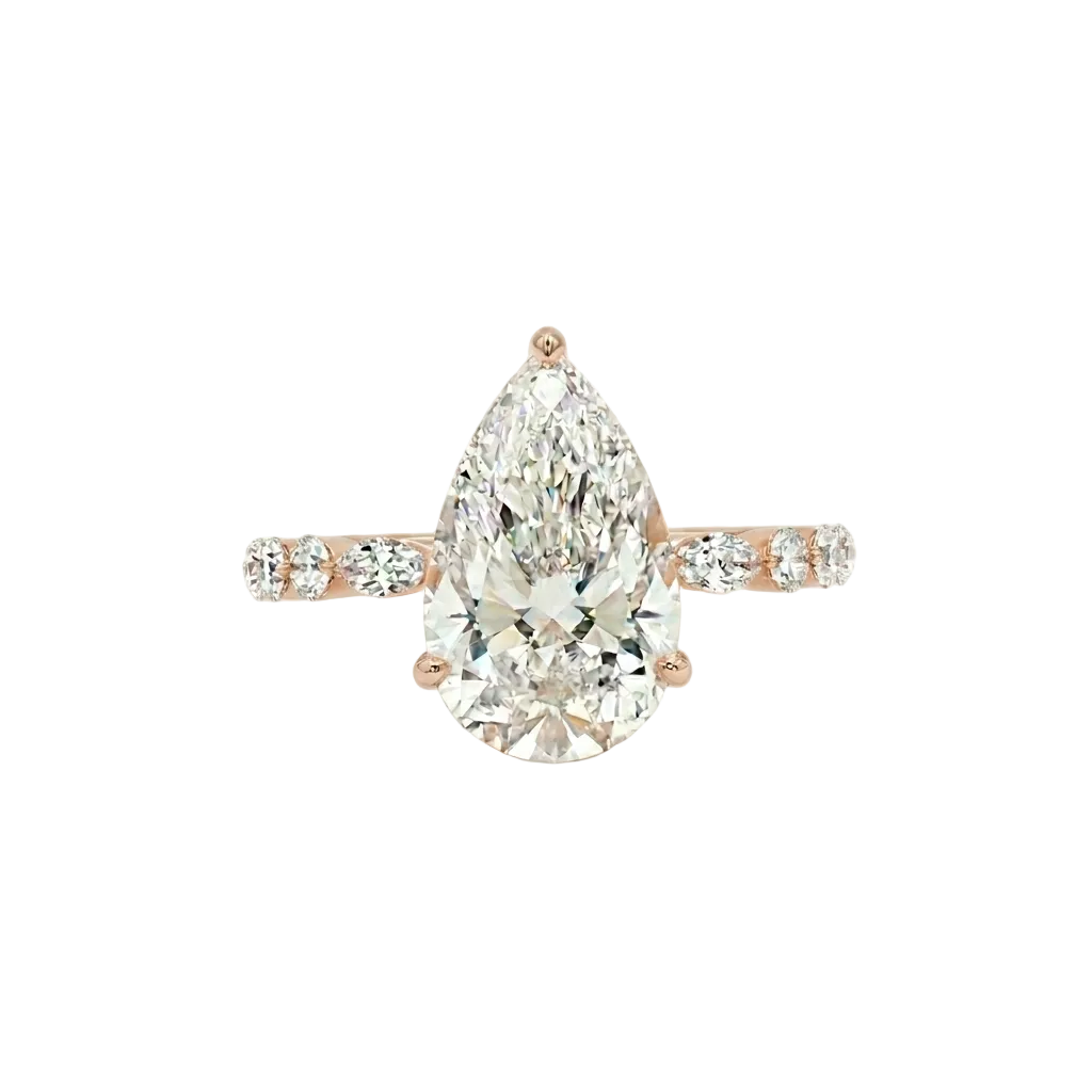 alt="front view lab grown diamond pear cut ring 14K rose gold"