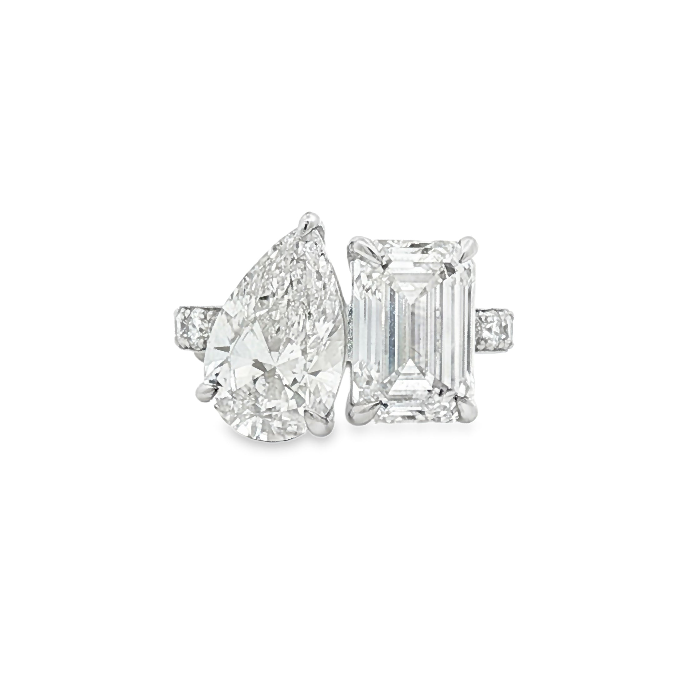 alt="front view of lab grown pear and emerald cut diamond toi et moi ring in 14K white gold"