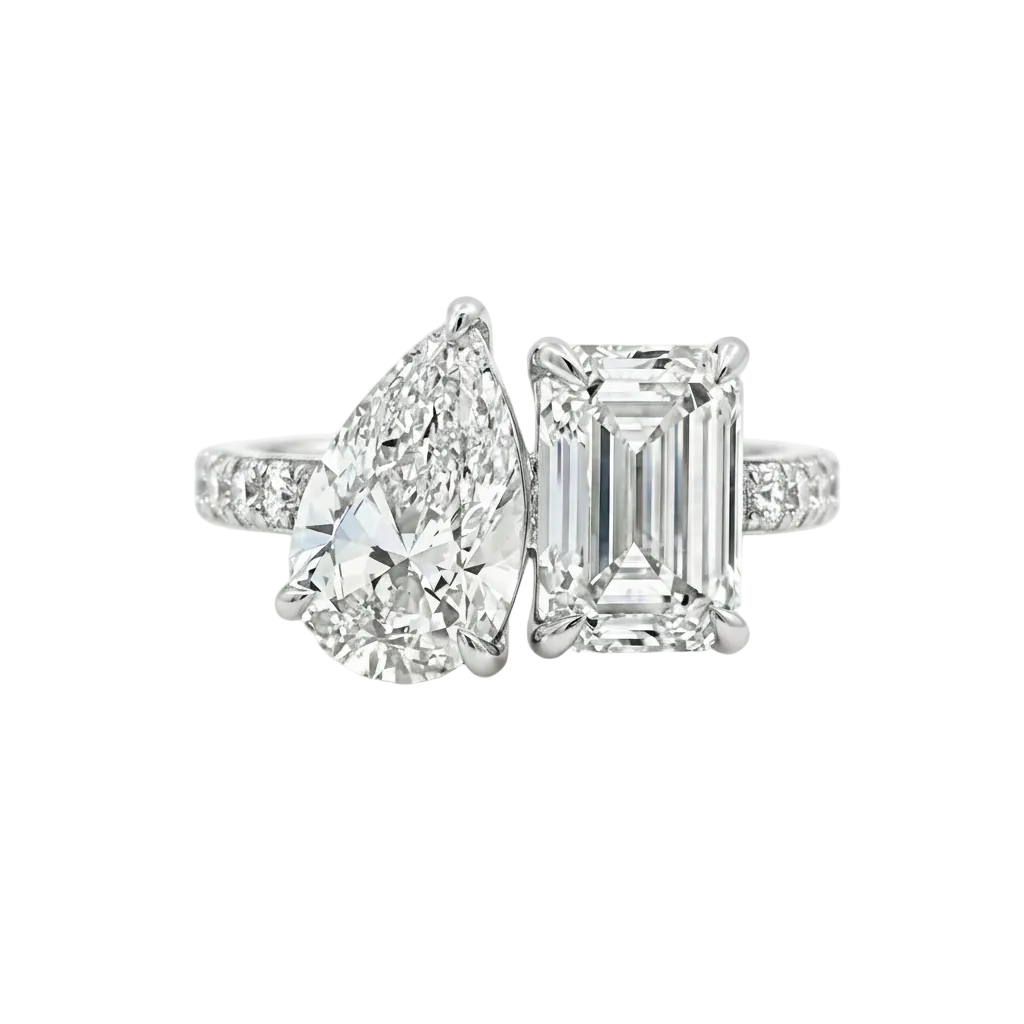 alt="front view lab grown diamond toi et moi ring 14K white gold"