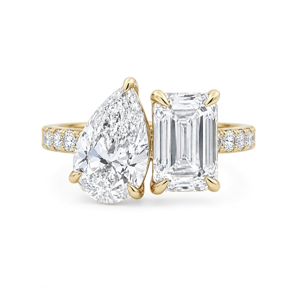 alt="front view lab grown diamond toi et moi ring 14K yellow gold"