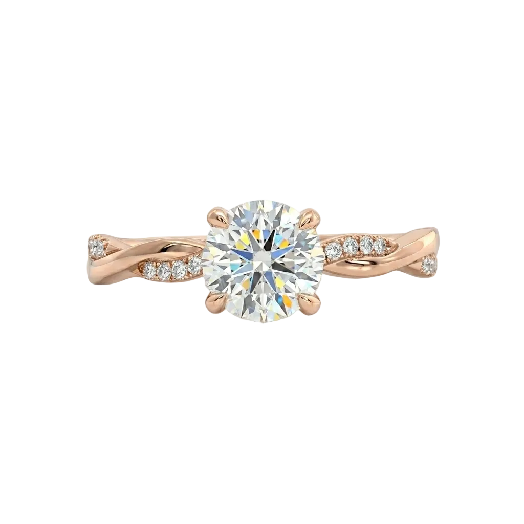 alt="front view lab grown diamond twisted accent band ring 14k rose gold”