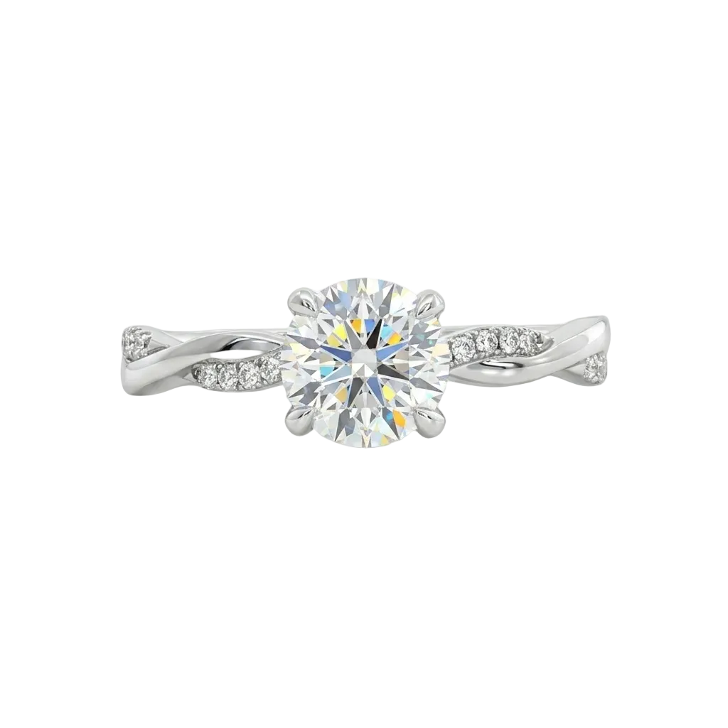 alt="front view lab grown diamond twisted accent band ring 14k white gold”