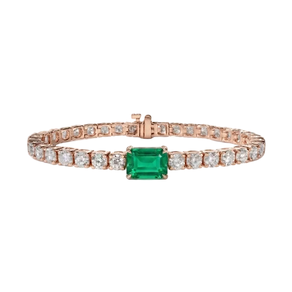 alt="front view of lab grown emerald cut columbian emerald and round diamond east-west tennis bracelet in 14k rose gold"