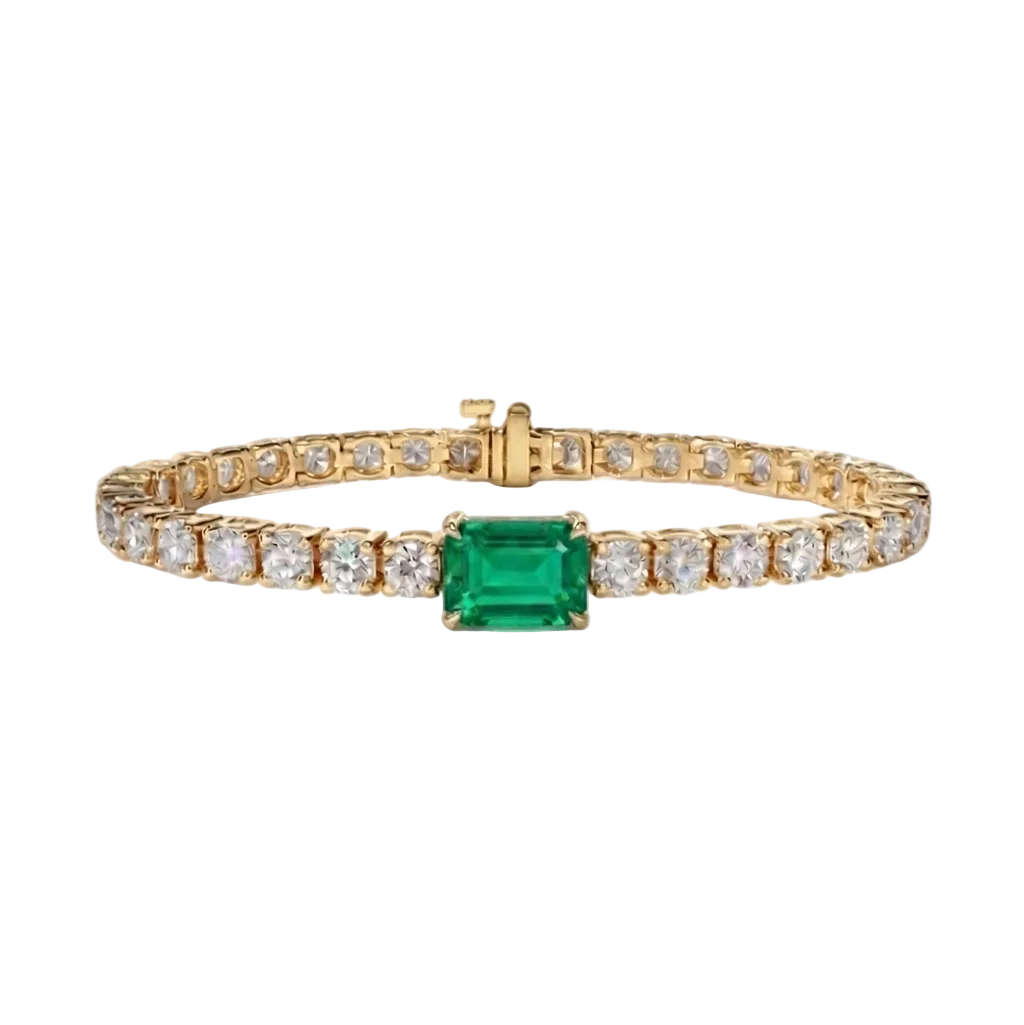 alt="front view of lab grown emerald cut columbian emerald and round diamond east-west tennis bracelet in 14k yellow gold"