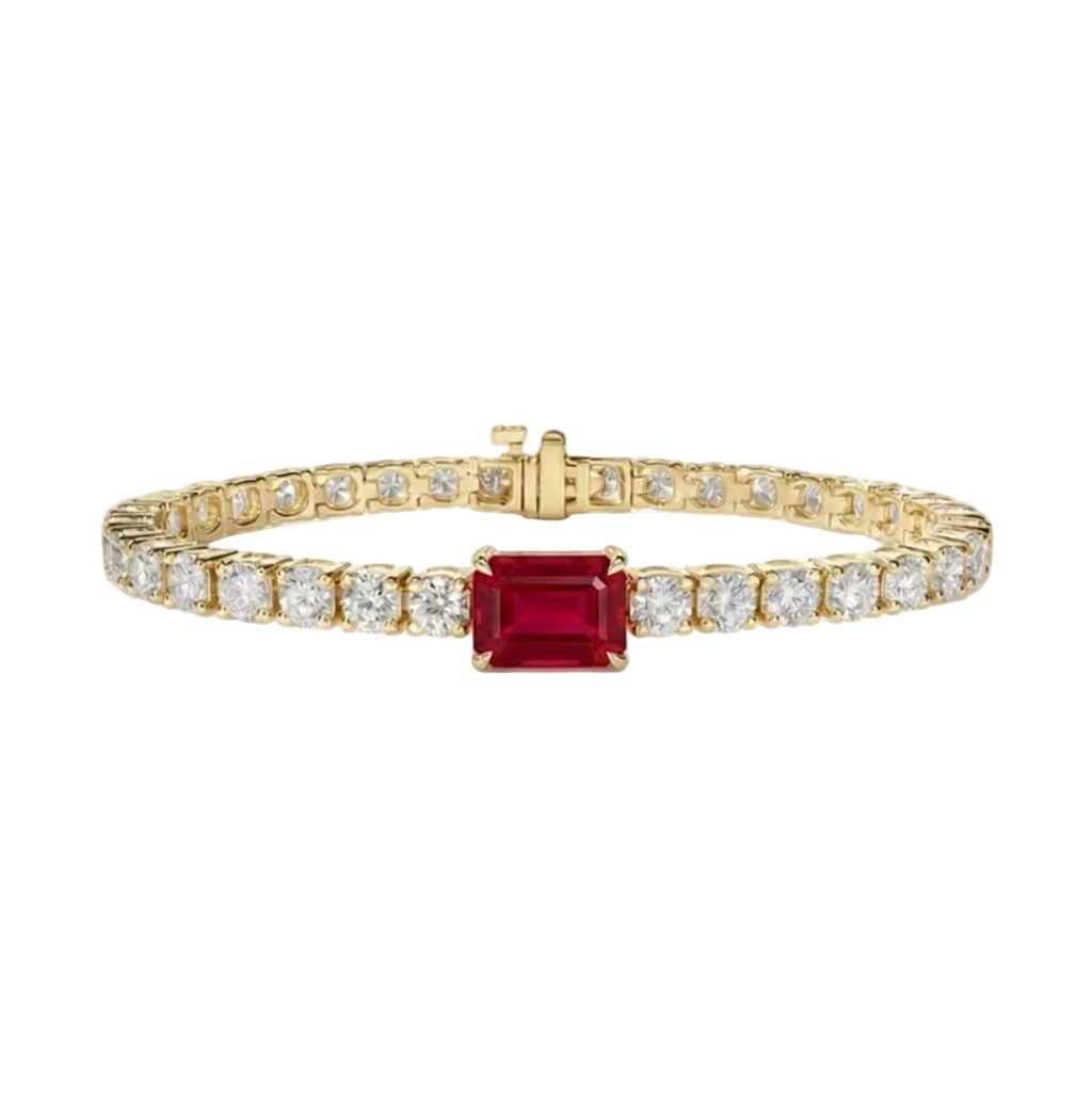 alt="front view of lab grown emerald cut ruby and round diamond east-west tennis bracelet in 14k yellow gold"