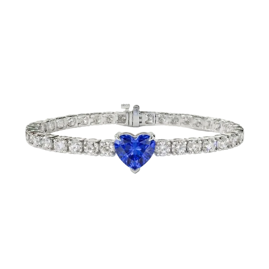 alt="front view of lab grown heart cut blue sapphire and round diamond east-west tennis bracelet in 14k white gold"
