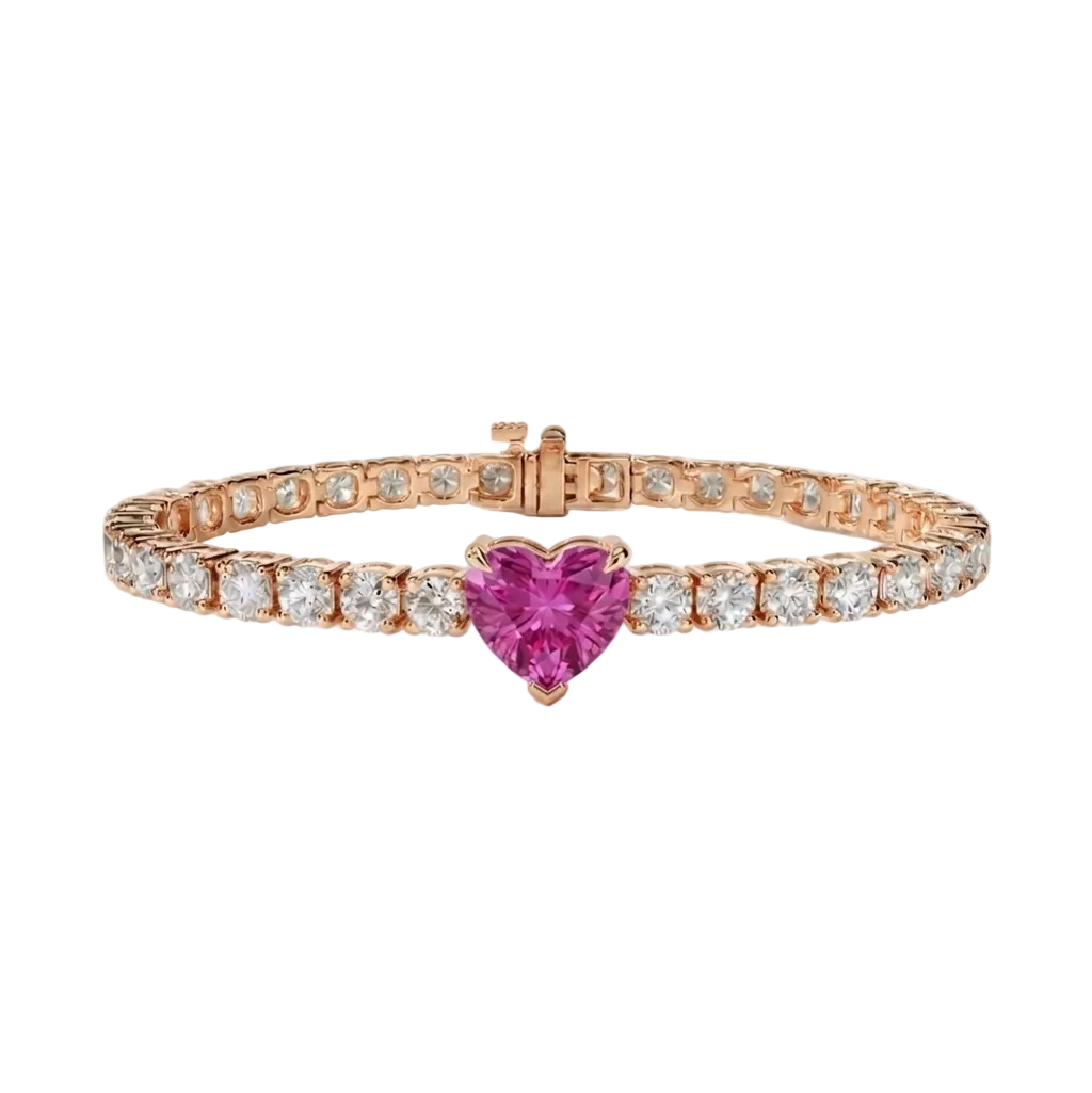 alt="front view of lab grown heart cut pink sapphire and round diamond east-west tennis bracelet in 14k rose gold"
