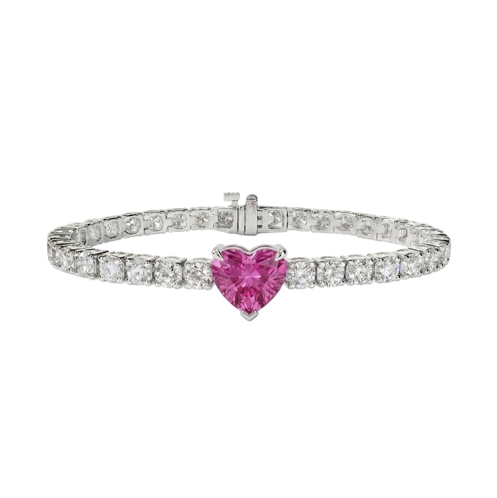 alt="front view of lab grown heart cut pink sapphire and round diamond east-west tennis bracelet in 14k white gold"