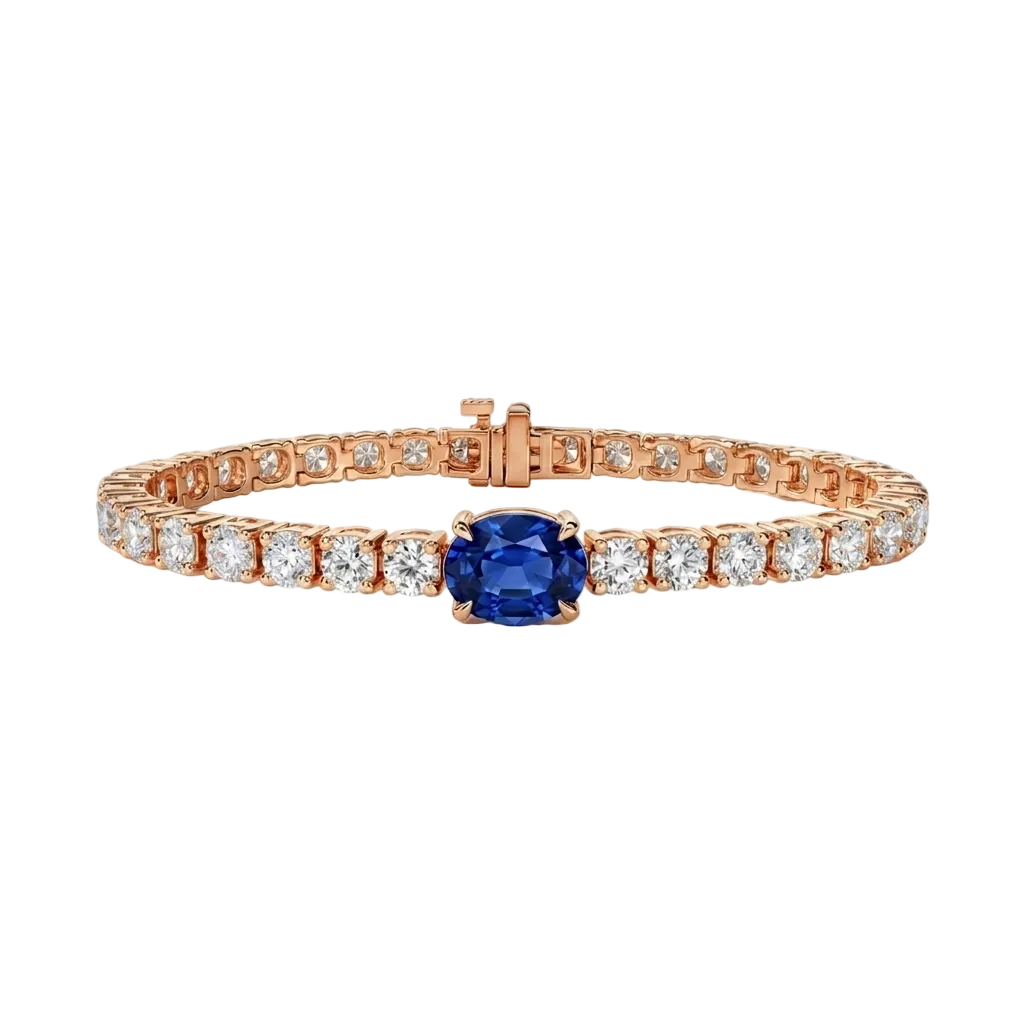 alt="front view of lab grown oval blue sapphire and round diamond east-west tennis bracelet in 14k rose gold"