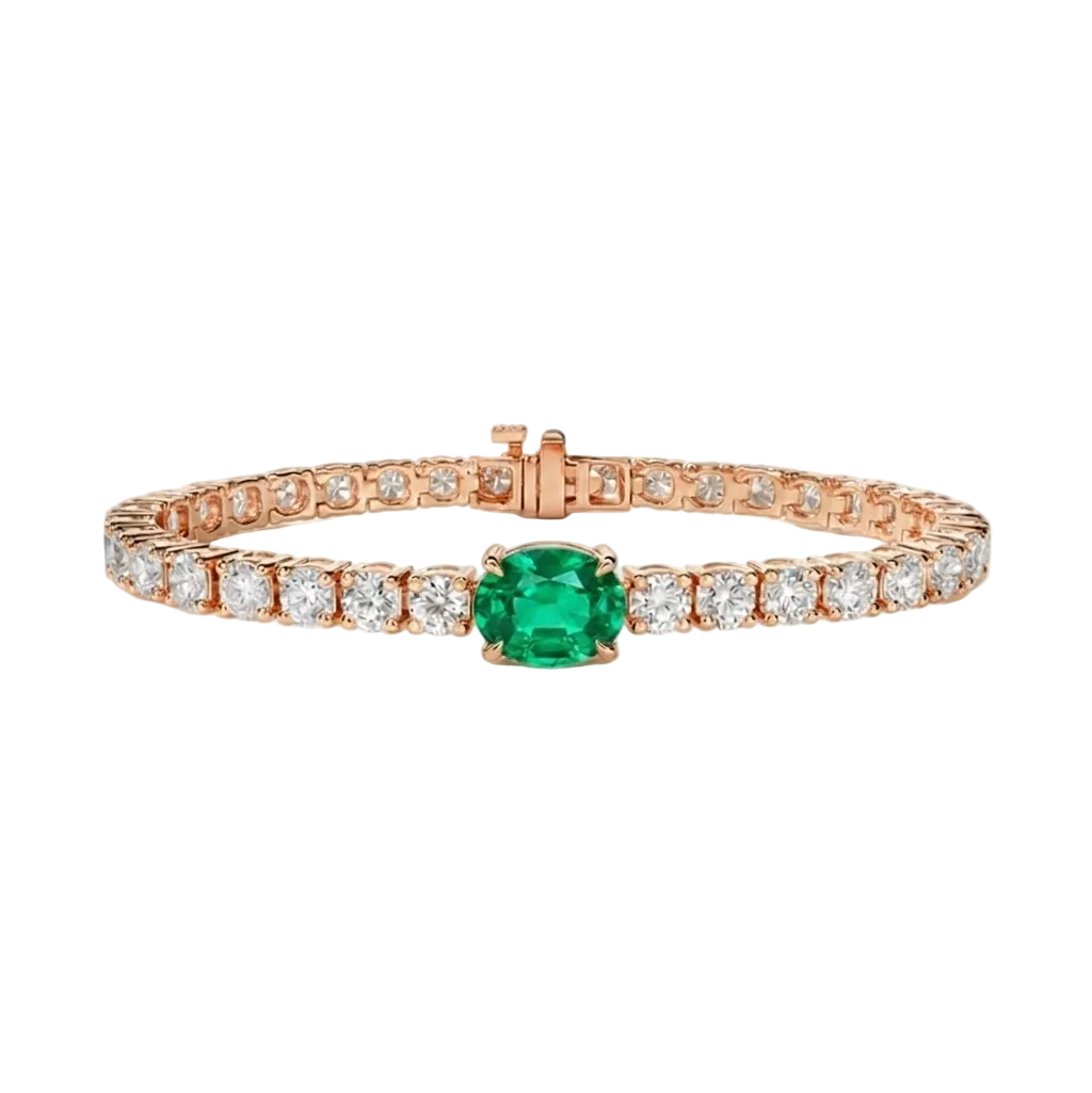 alt="front view of lab grown oval columbian green emerald and round diamond east-west tennis bracelet in 14k rose gold"