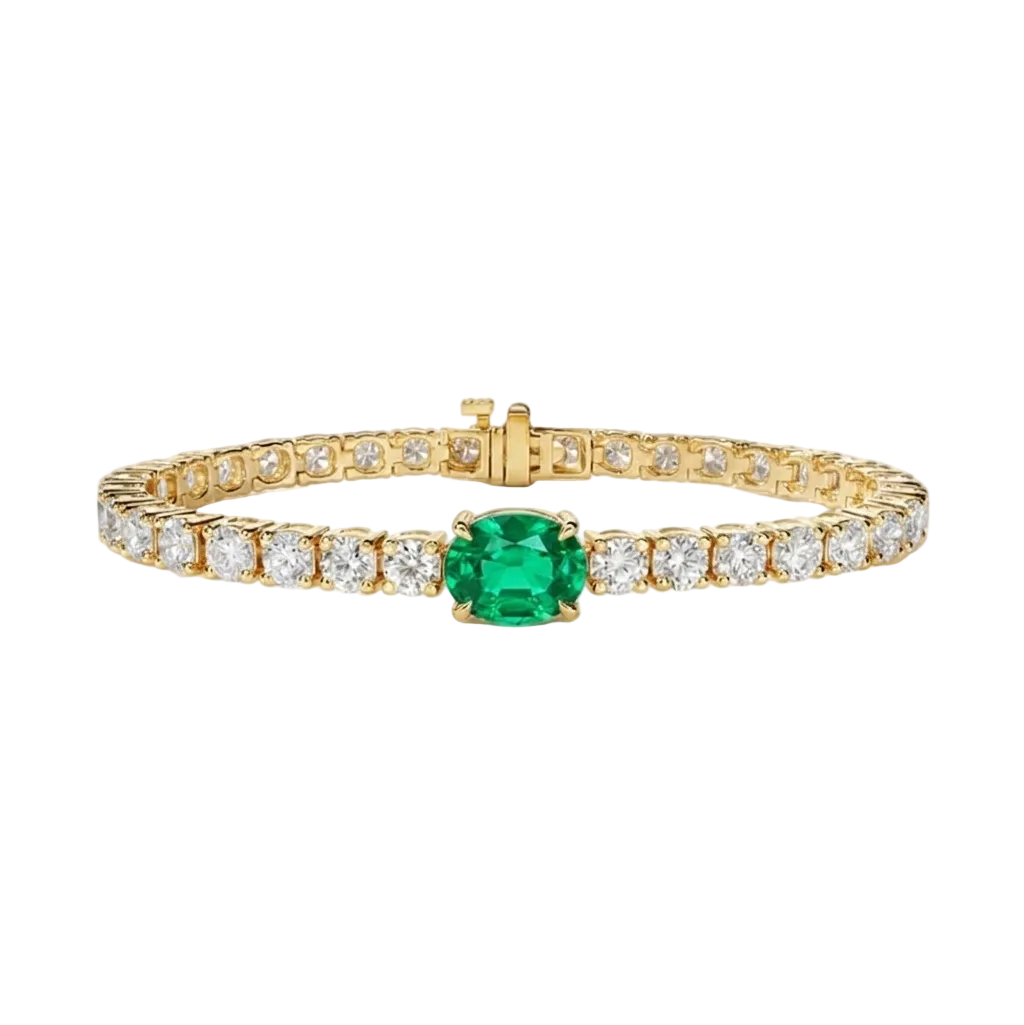 alt="front view of lab grown oval columbian green emerald and round diamond east-west tennis bracelet in 14k yellow gold"