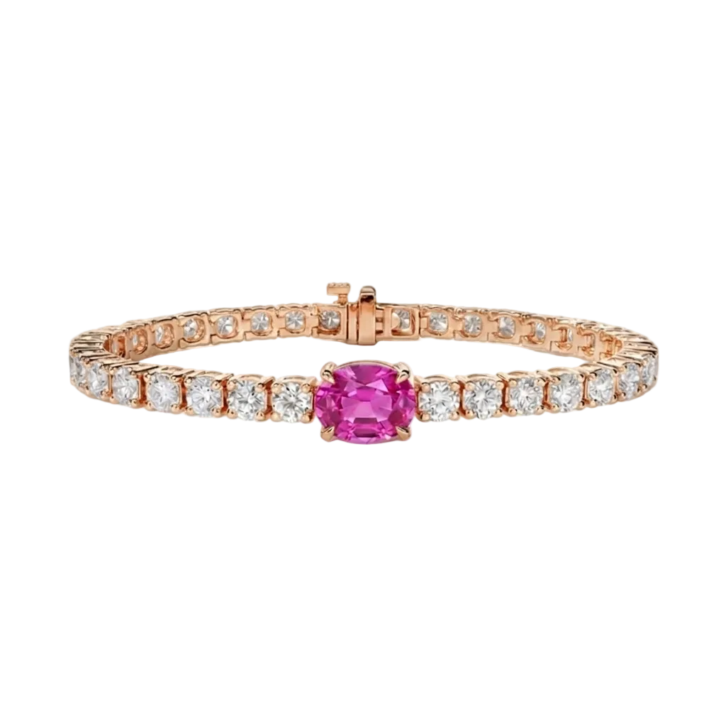 alt="front view of lab grown oval pink sapphire and round diamond east-west tennis bracelet in 14k rose gold"