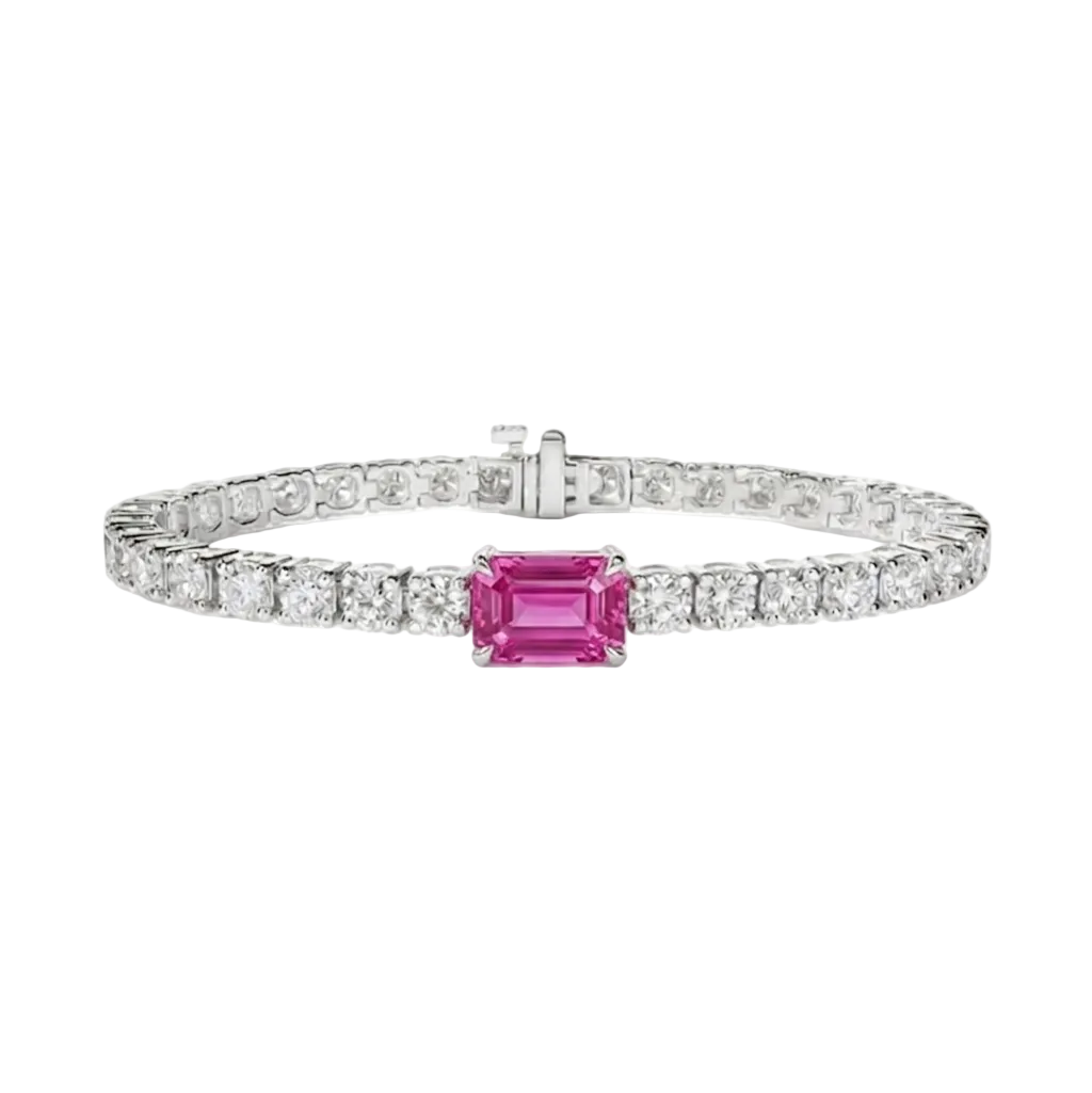 alt="front view of lab grown emerald cut pink sapphire and round diamond east-west tennis bracelet in 14k white gold"