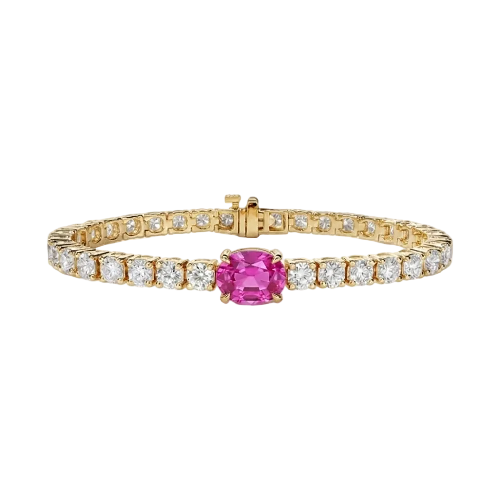 alt="front view of lab grown oval pink sapphire and round diamond east-west tennis bracelet in 14k yellow gold"