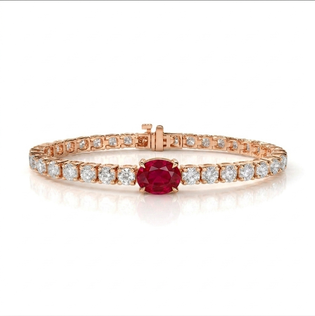alt="front view of lab grown oval ruby and round diamond east-west tennis bracelet in 14k rose gold"