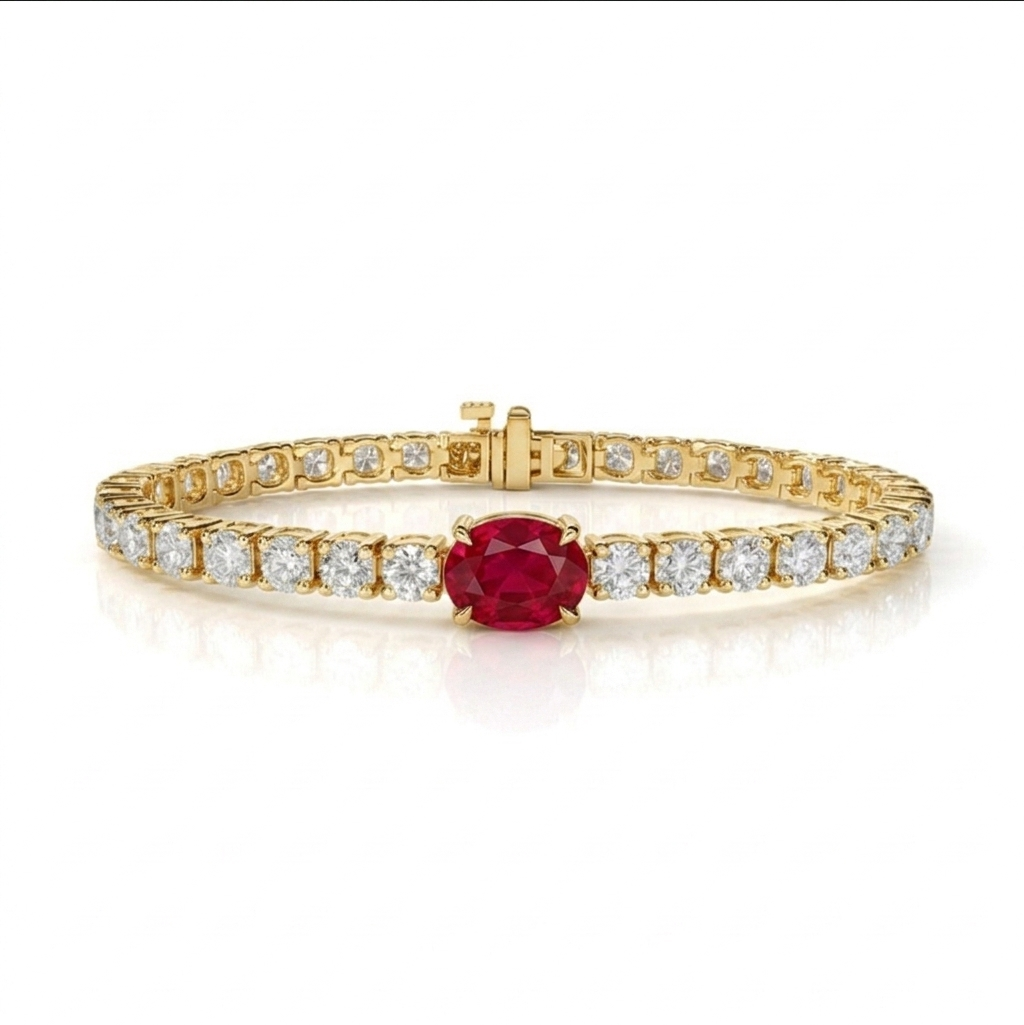 alt="front view of lab grown oval ruby and round diamond east-west tennis bracelet in 14k yellow gold"