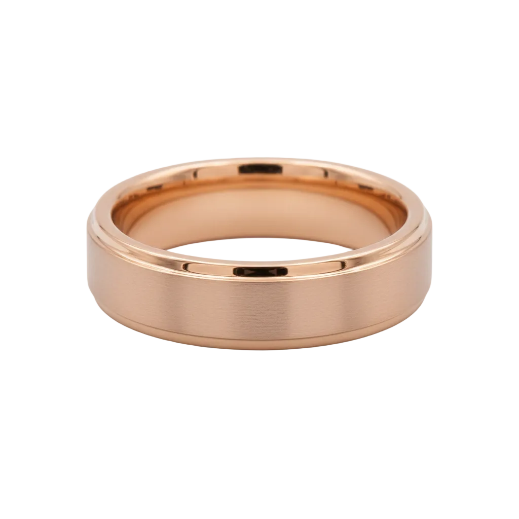 alt="front view of brushed matte men wedding band in 14K rose gold"