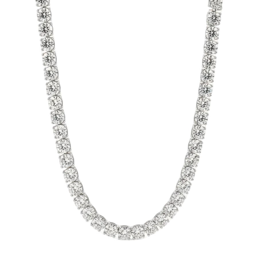alt="front view of classic four prong round lab grown diamond tennis necklace in 14K white gold"