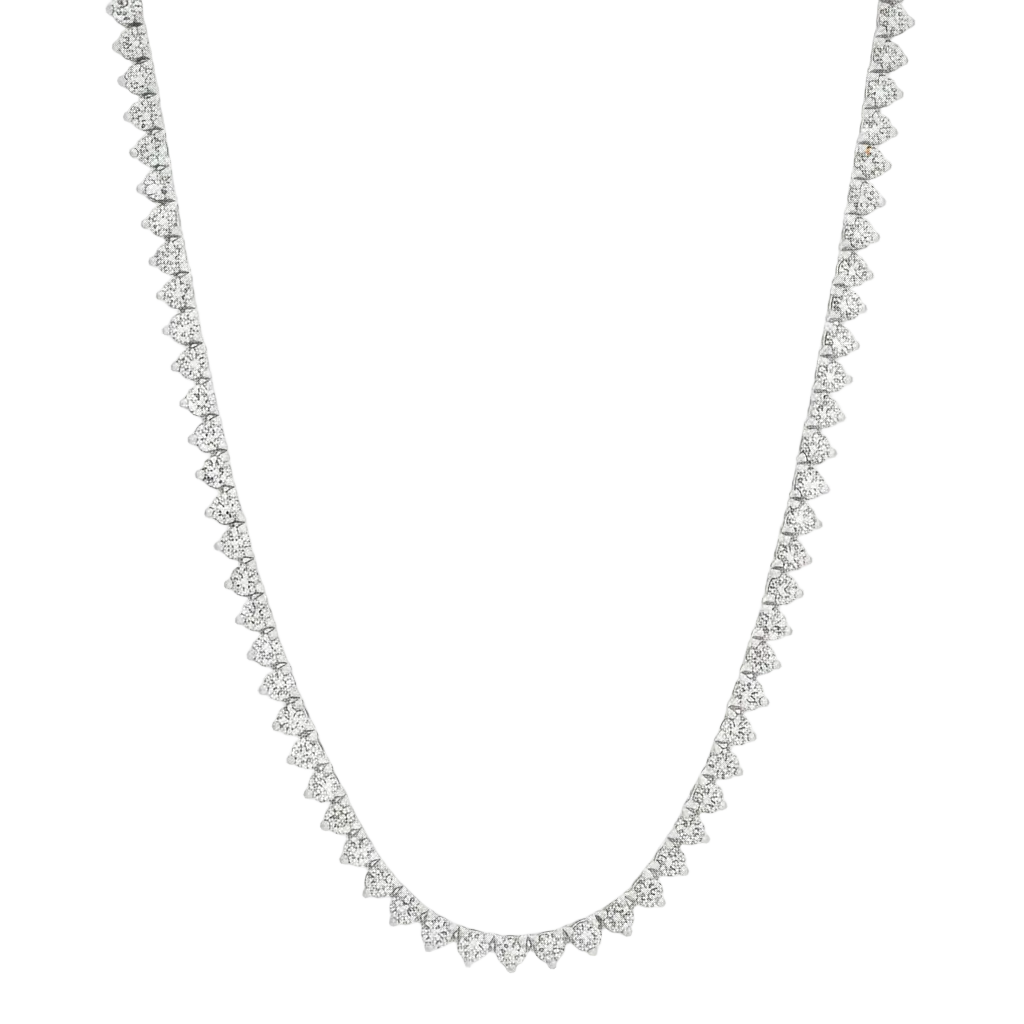 alt="front view of classic three prong round lab grown diamond tennis necklace in 14K white gold"