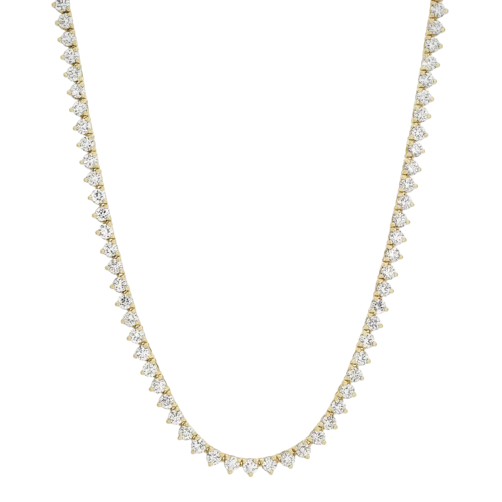 alt="front view of classic three prong round lab grown diamond tennis necklace in 14K yellow gold"