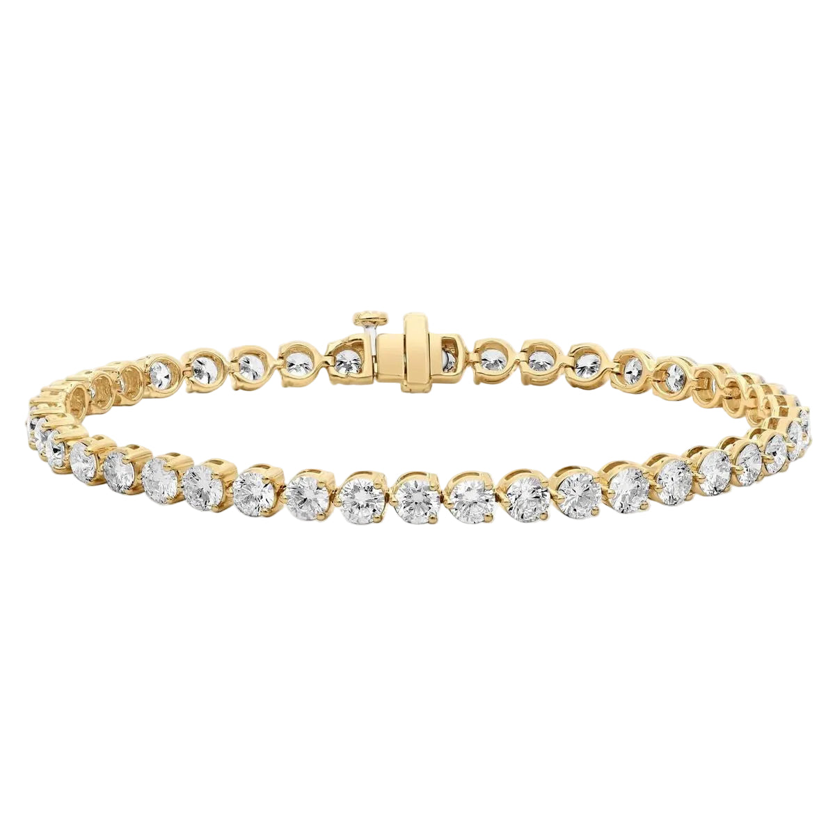 alt="front view of elegant three prong round lab grown diamond tennis bracelet in 14K yellow gold"