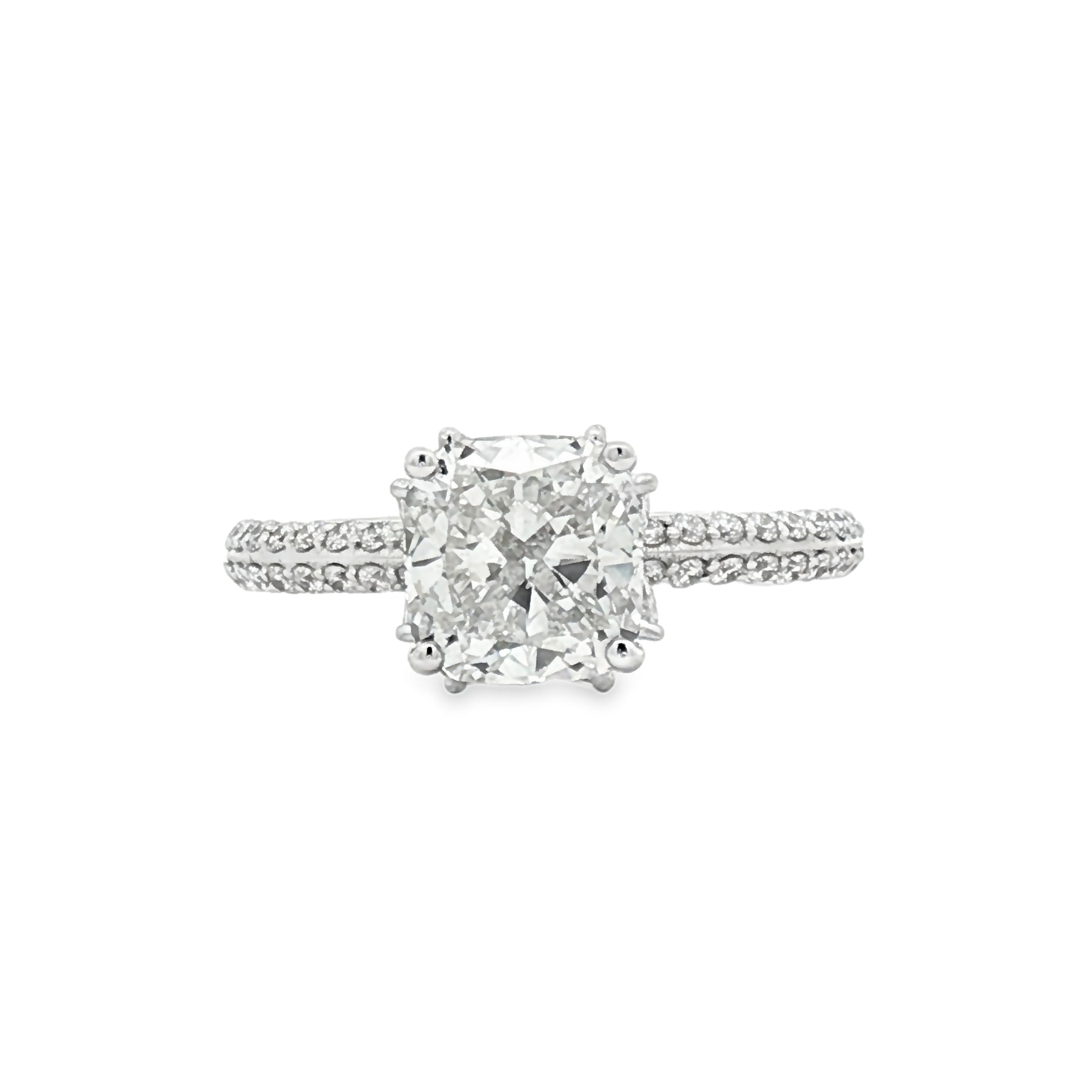 alt="front view of lab grown cushion cut diamond engagement ring with marquise hidden halo and accented band in 14K white gold"