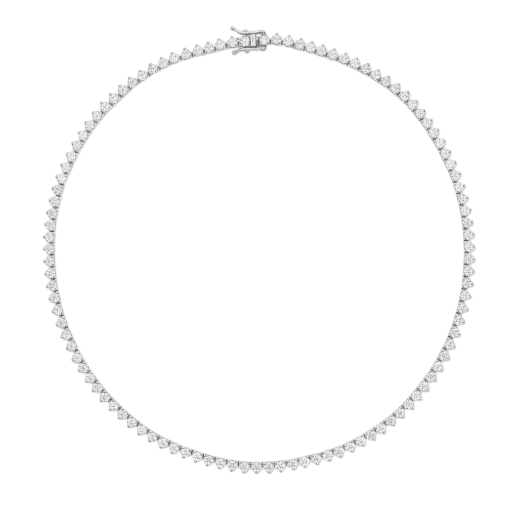 alt="full view of classic three prong round lab grown diamond tennis necklace in 14K white gold"