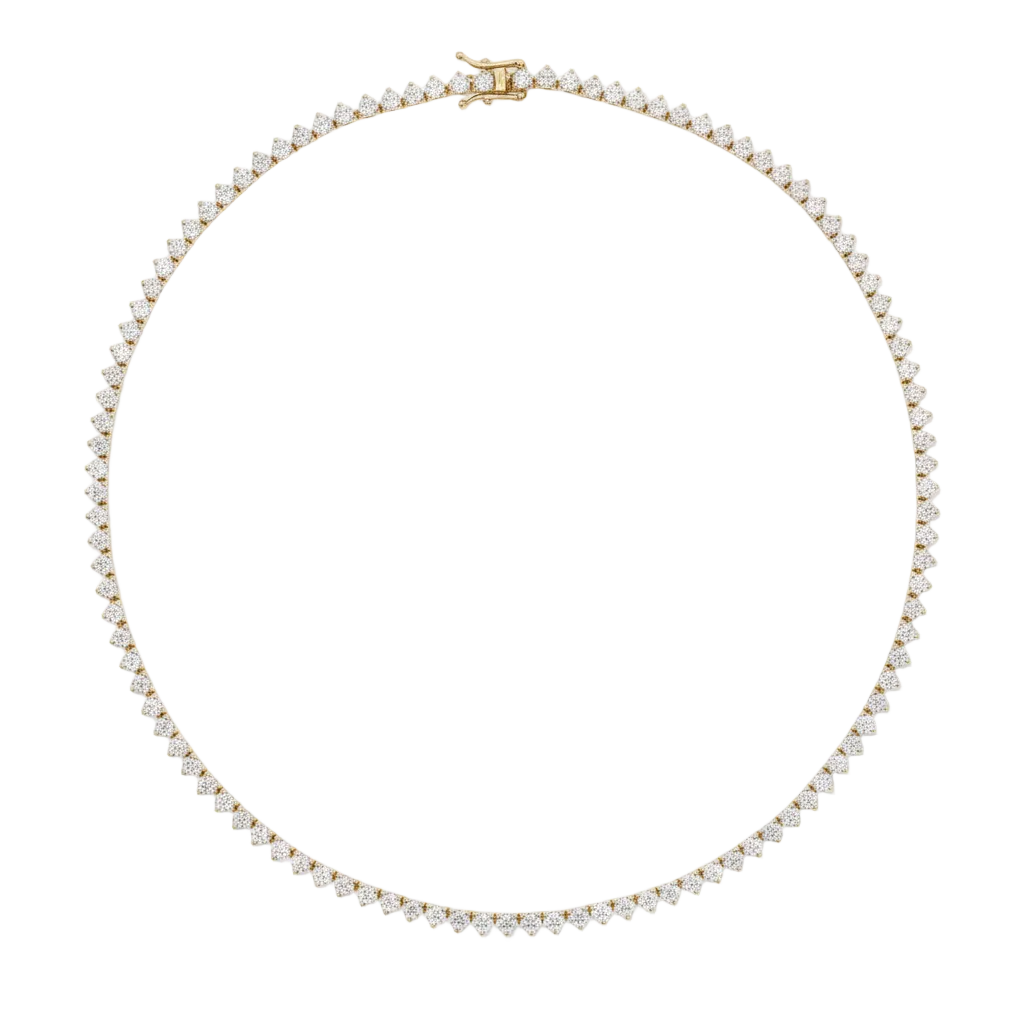 alt="full view of classic three prong round lab grown diamond tennis necklace in 14K yellow gold"