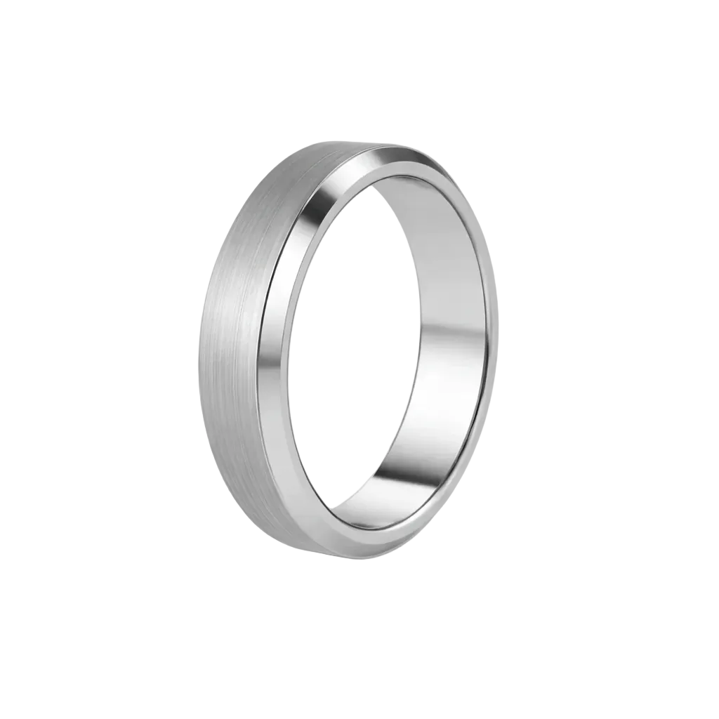 alt="profile view of brushed matte men wedding band in 14K white gold"