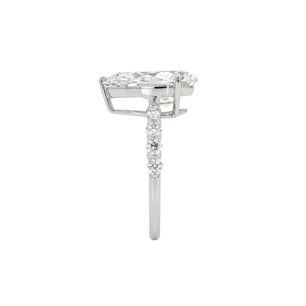 alt="side view lab grown diamond pear cut ring 14K white gold"