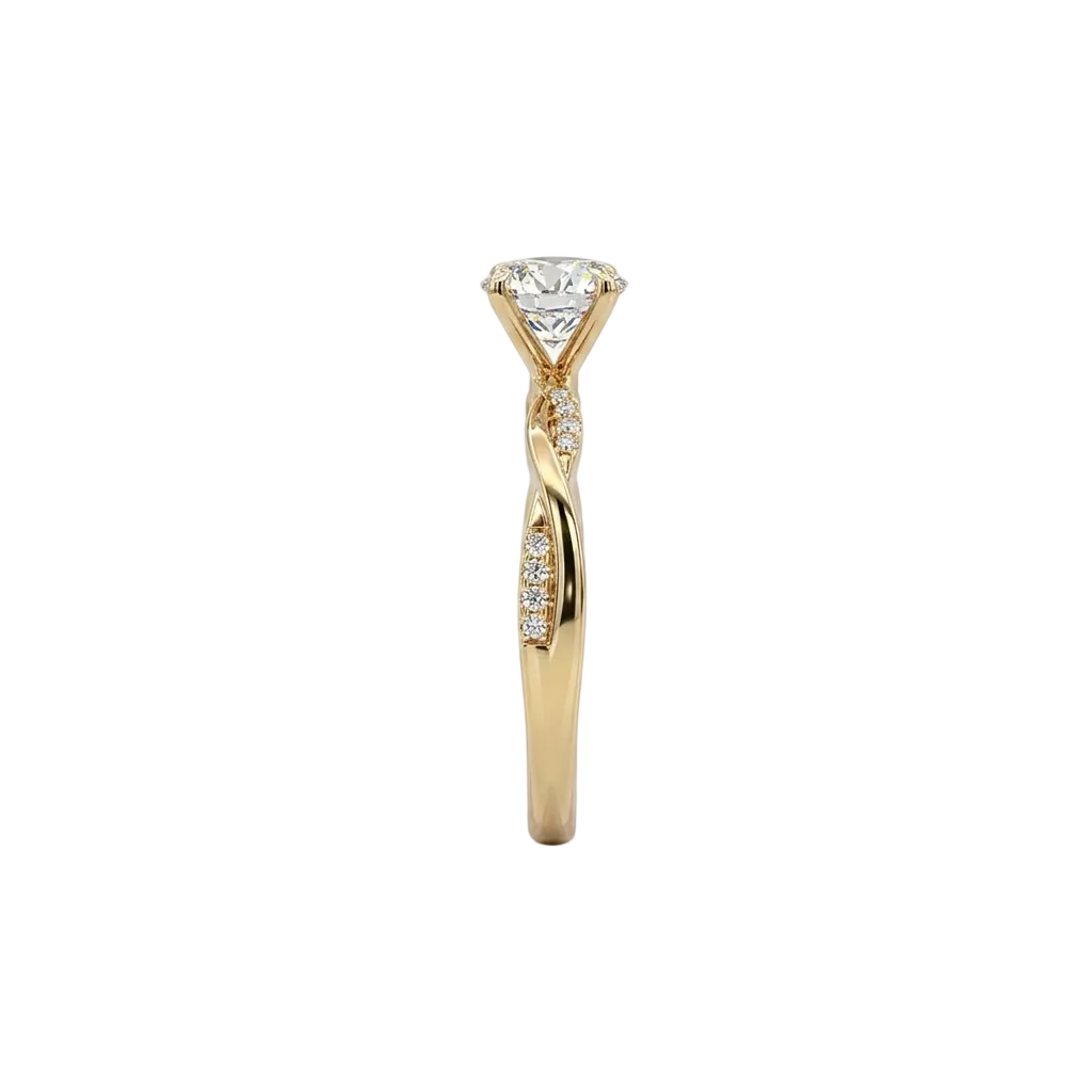 alt="side view lab grown diamond twisted accent band ring 14k yellow gold”