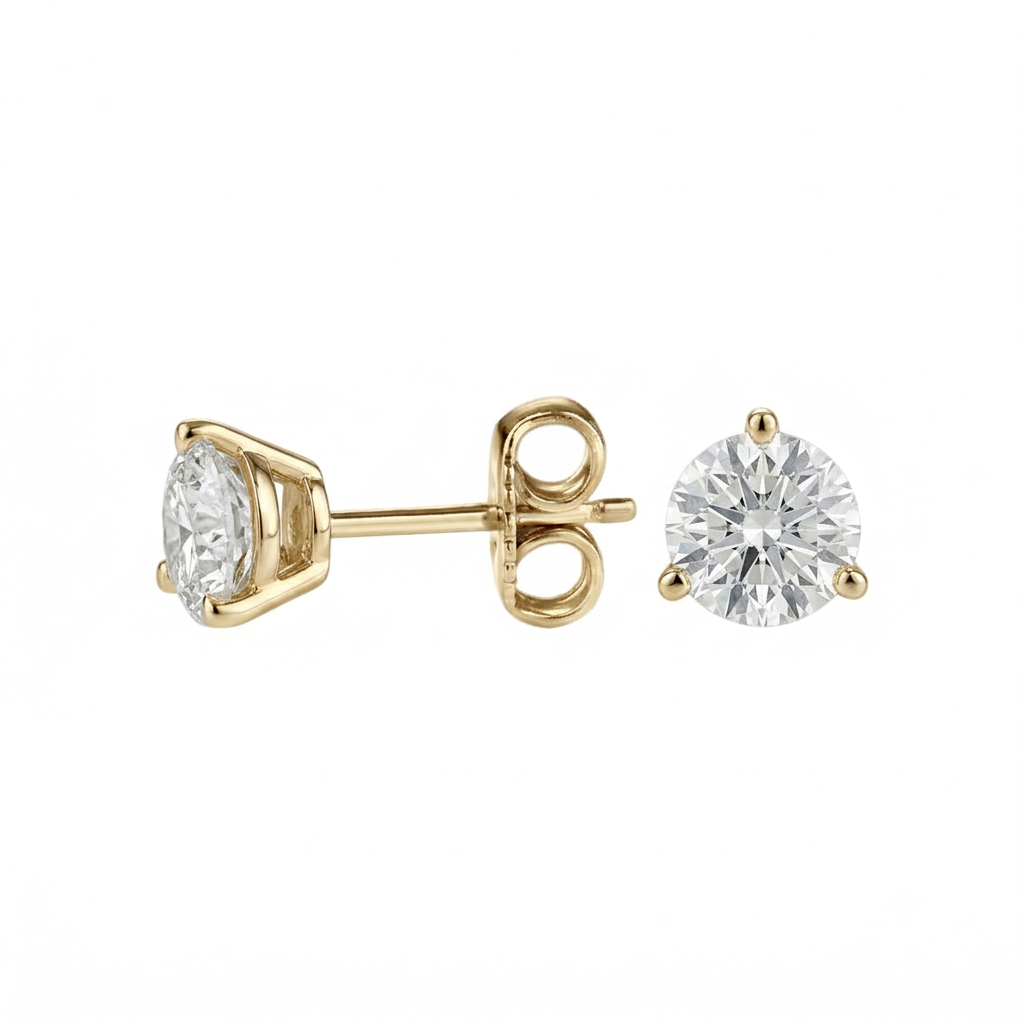alt="side view of lab grown round cut diamond three prong stud earring in 14K yellow gold"