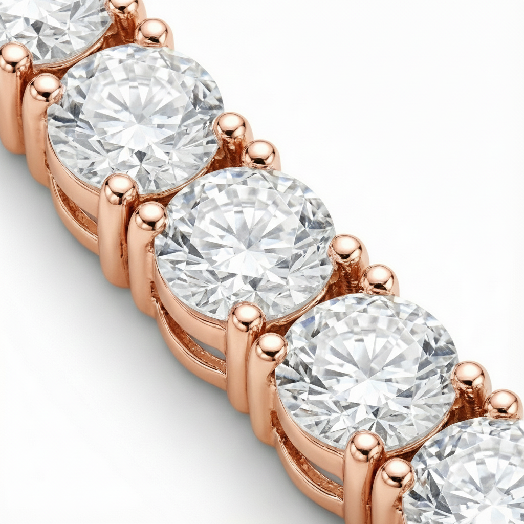 alt="close up of classic four prong round lab grown diamond tennis necklace in 14K rose gold"