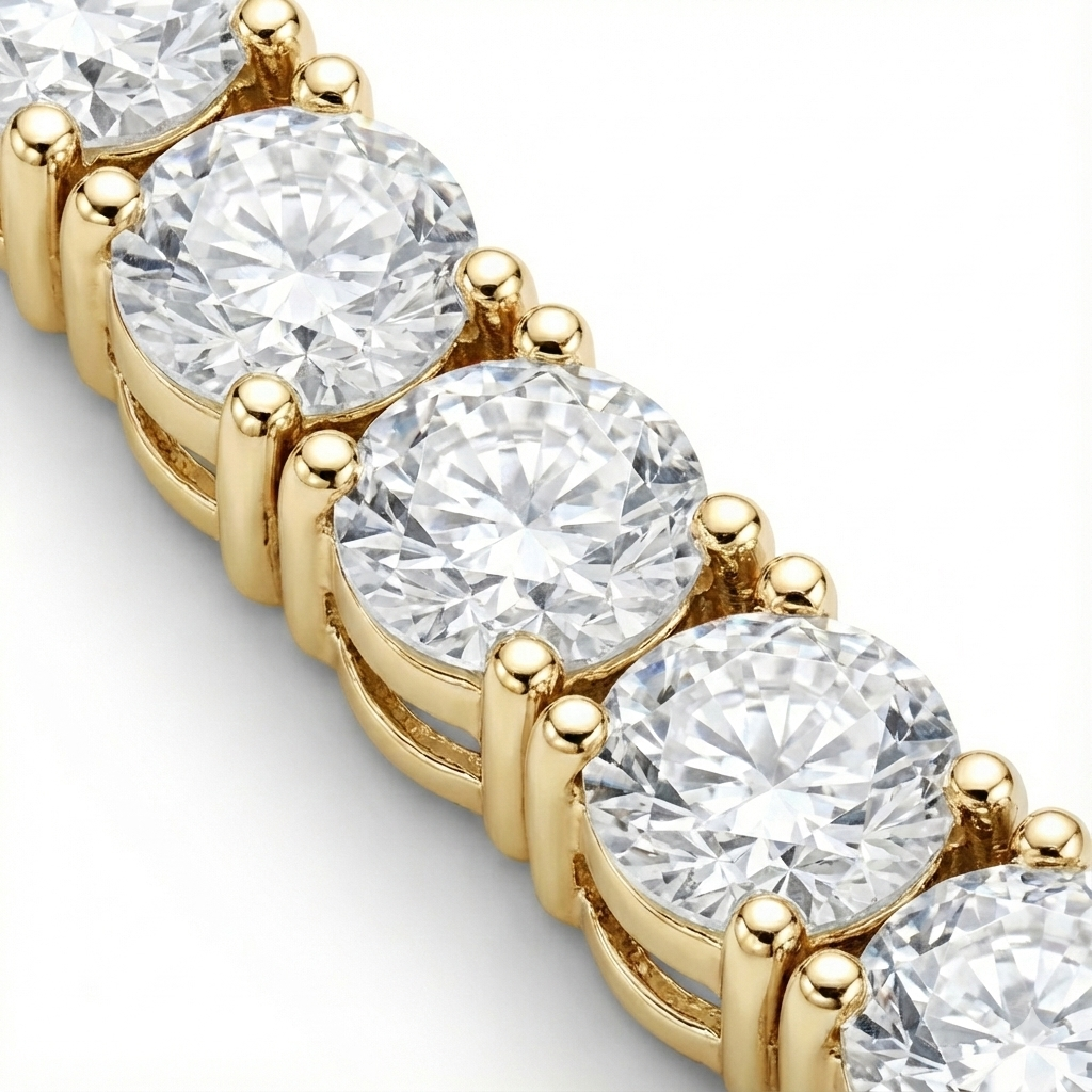 alt="close up of classic four prong round lab grown diamond tennis necklace in 14K yellow gold"