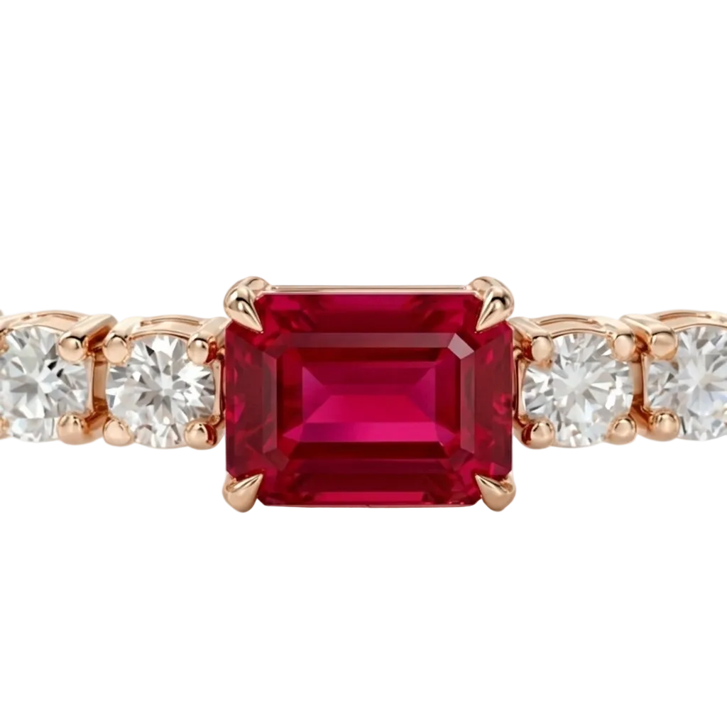 alt="close up view of lab grown emerald cut ruby and round diamond east-west tennis bracelet in 14k rose gold"