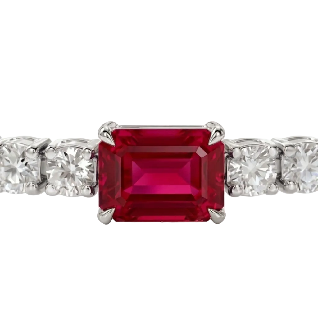 alt="close up view of lab grown emerald cut ruby and round diamond east-west tennis bracelet in 14k white gold"