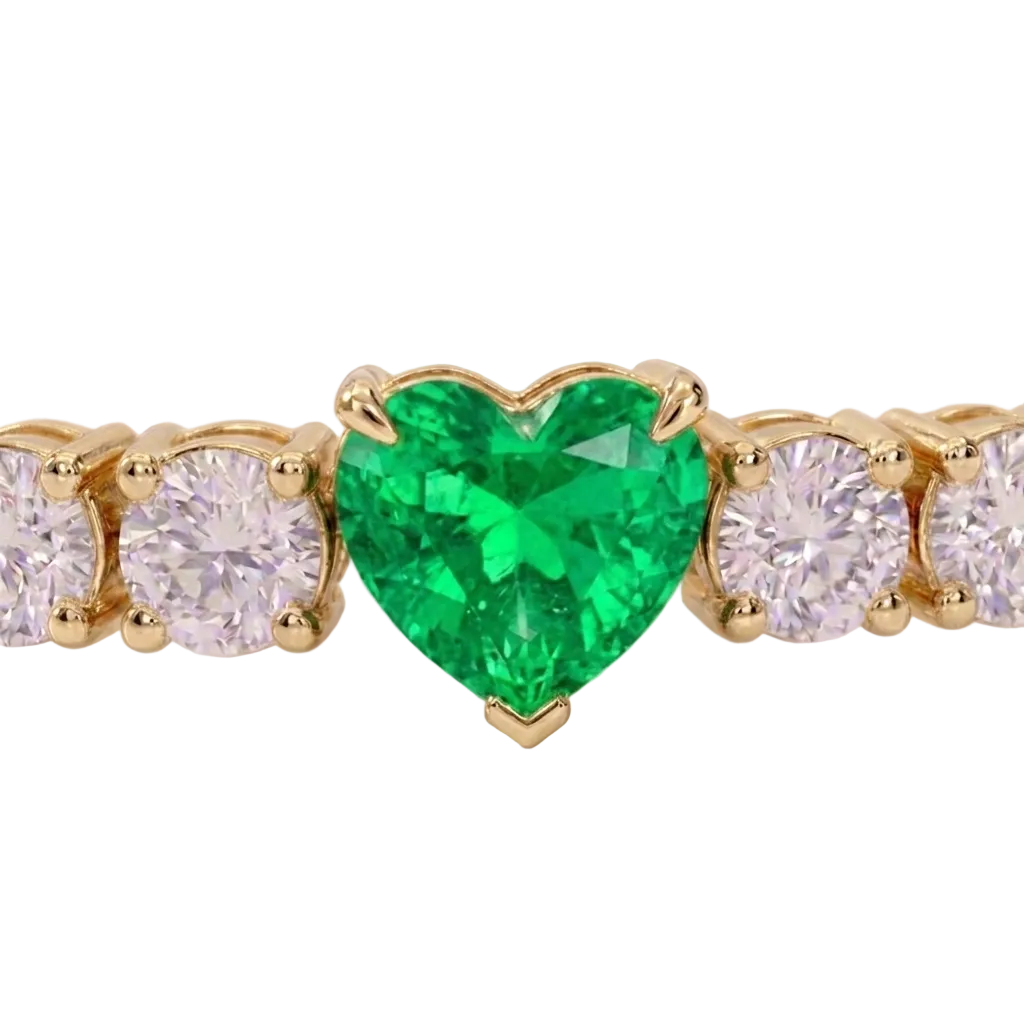 alt="close up view of lab grown heart cut columbian emerald and round diamond east-west tennis bracelet in 14k yellow gold"