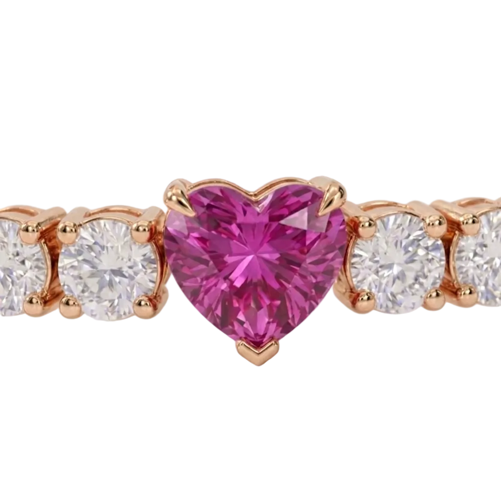 alt="close up view of lab grown heart cut pink sapphire and round diamond east-west tennis bracelet in 14k rose gold"