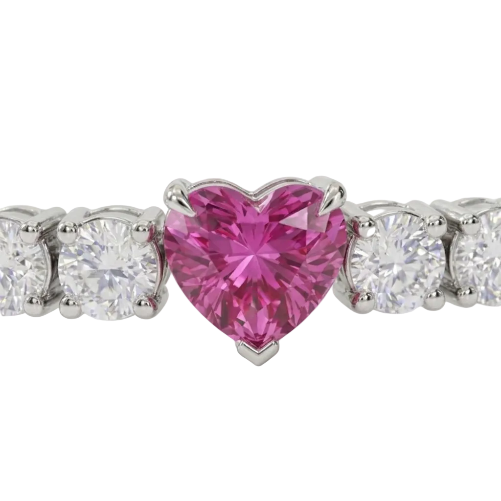 alt="close up view of lab grown heart cut pink sapphire and round diamond east-west tennis bracelet in 14k white gold"
