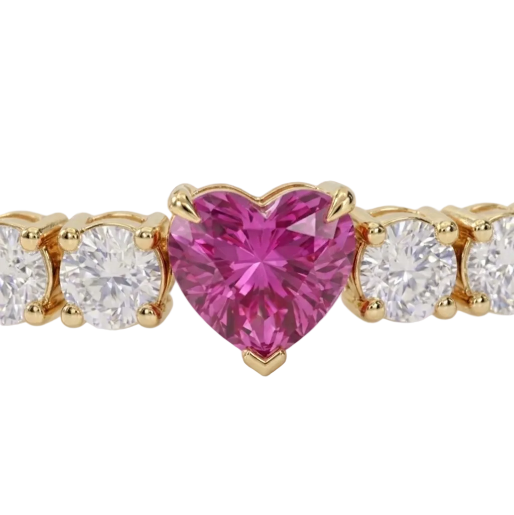 alt="close up view of lab grown heart cut pink sapphire and round diamond east-west tennis bracelet in 14k yellow gold"