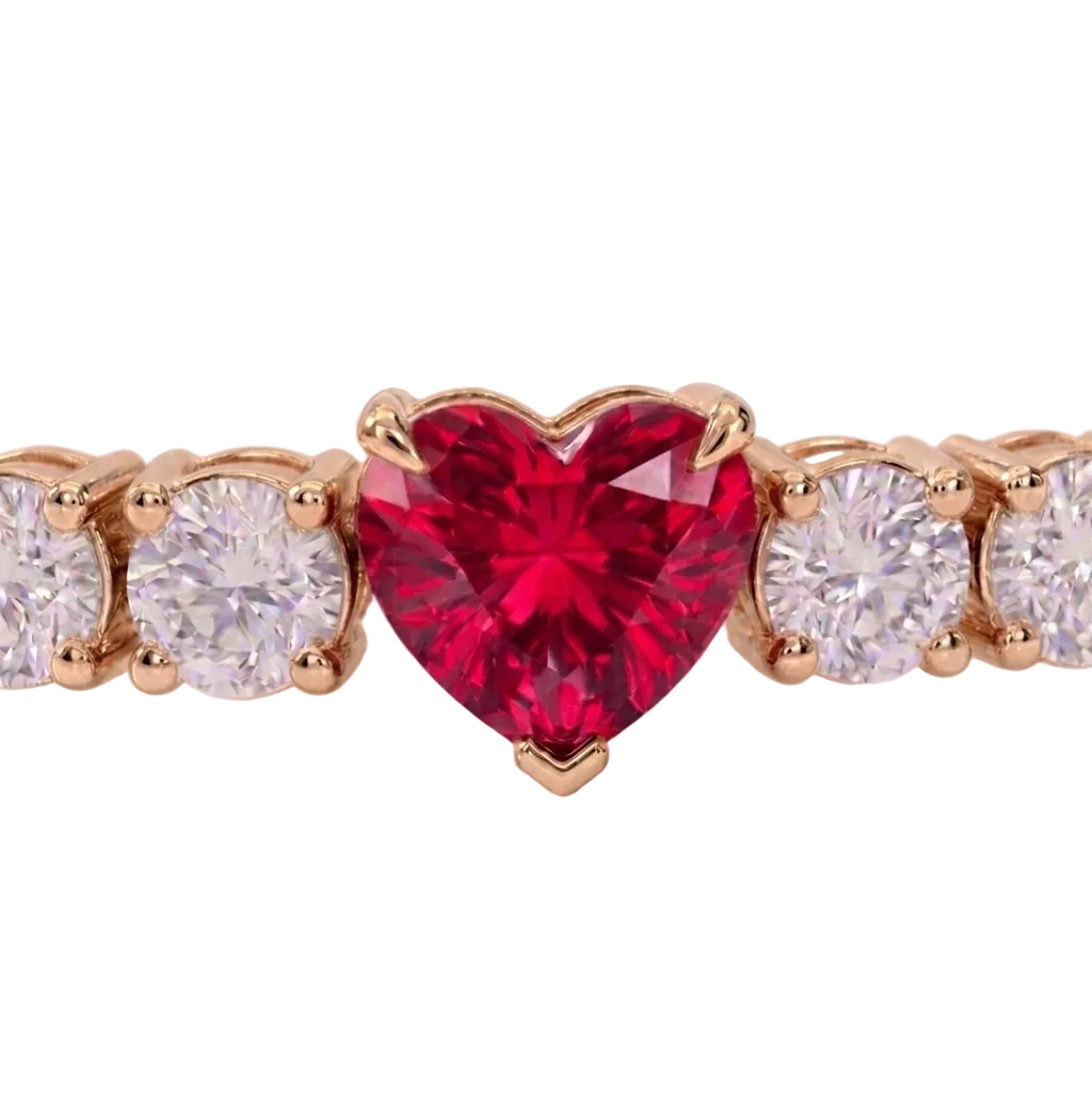 alt="close up view of lab grown heart cut ruby and round diamond east-west tennis bracelet in 14k rose gold"