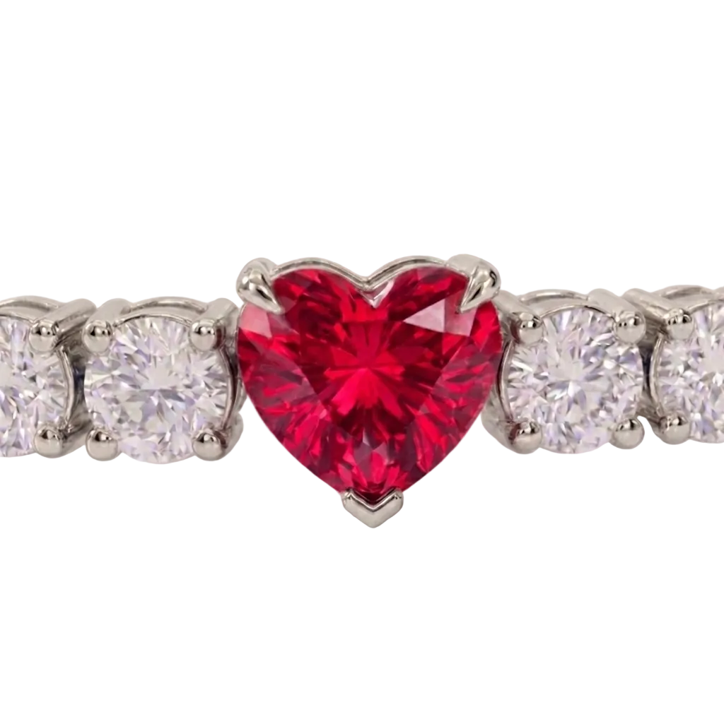 alt="close up view of lab grown heart cut ruby and round diamond east-west tennis bracelet in 14k white gold"